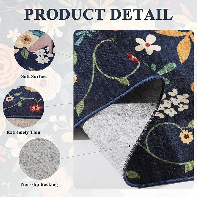 DUKINO 3x10 Runner Rug for Hallway, Washable Kitchen Floral Runner Rug with Non Slip Backing, Low Pile Soft Boho Carpet for Kitchen, Hallway, Entryway, Laundry, Bedroom, Navy Blue
