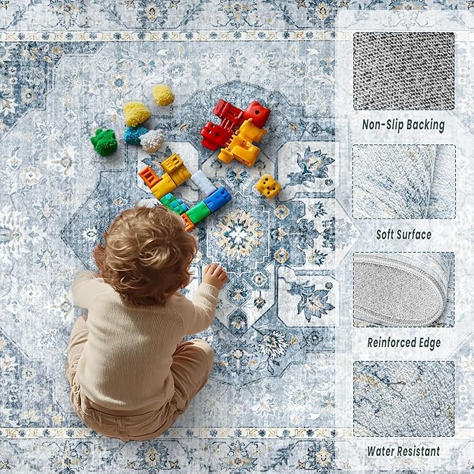 6x9 Area Rugs Washable Rugs for Living Room, Vintage Boho Rug Non-Slip Soft Floral Distressed Rug Low Pile Stain Resistant Carpet for Bedroom Nursery Office Dining Room Farmhouse Dorm(Blue, 6'x9')