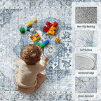 8x10 Area Rugs Washable Rugs for Living Room, Large Vintage Boho Rug Non-Slip Soft Floral Distressed Rug Low Pile Stain Resistant Carpet for Bedroom Nursery Office Dining Room Farmhouse(Blue, 8'x10')