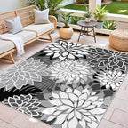 6x9 Outdoor Area Rug Washable Multicolored Patio Rug Tropical Botanical Floral Chenille Waterproof Outdoor Carpet Non-Slip for Patio, Deck, Backyard, Porch, Black
