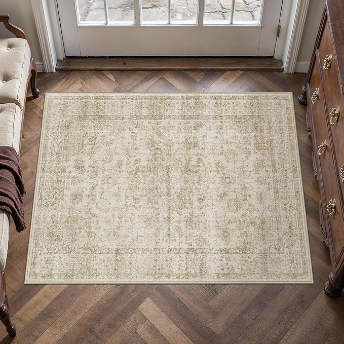 HUGEAR 2x3 Entryway Area Rug Retro Beige Small Rug Machine Washable Door Mat Vintage Floral Low Pile Carpet Distressed Throw Rug Entrance Kitchen Bathroom Bedroom Office Non Slip Soft Lightweight