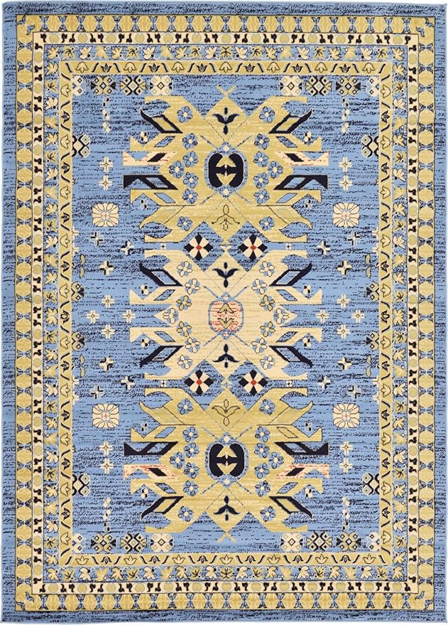 Unique Loom Taftan Collection Border Geometric Tribal Inspired Design Area Rug, 7 ft x 10 ft, Light Blue/Gold