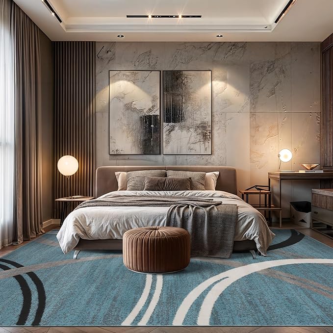 Rugshop Modern Wavy Circles Design Area Rug, Non-Shedding Carpet for Living Room, Bedroom, or Dining Room, Grand Room,Open Spaces,Blue, 10' x 14'