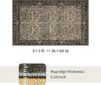 Washable Living Room Rug: 3x5 Boho Floral Soft Area Rug for Bedroom Decor - Vintage Low Pile Thin Carpet for Dining Room Non-Slip - Farmhouse Stain Resistant Rugs - Dark Brown