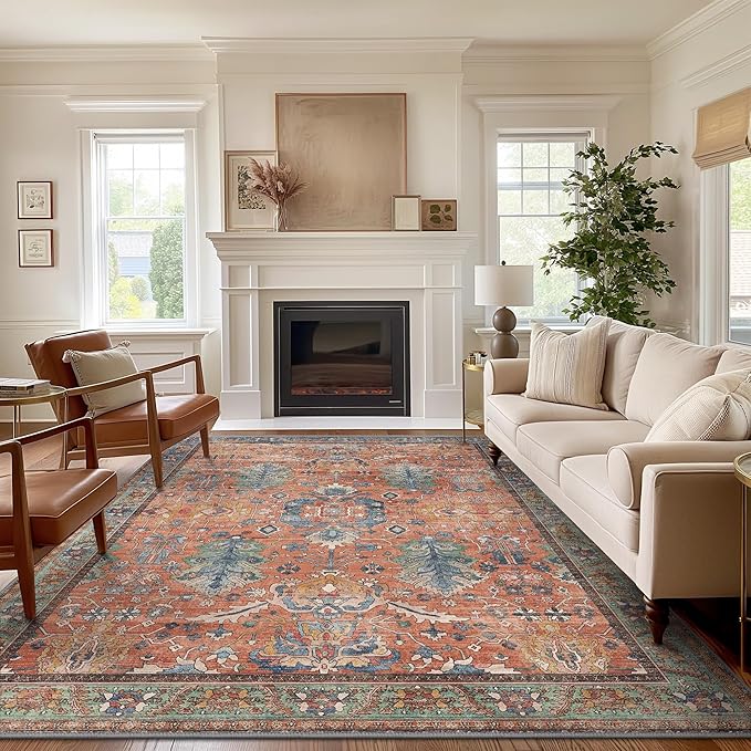 Bavni Washable Rug-6x9 Area Rugs for Bedroom Non-Slip, Ultra Thin Low Pile Living Room Rug, Modern Printed Decorative Rug for Dinning Room Office, Terracotta/Blue