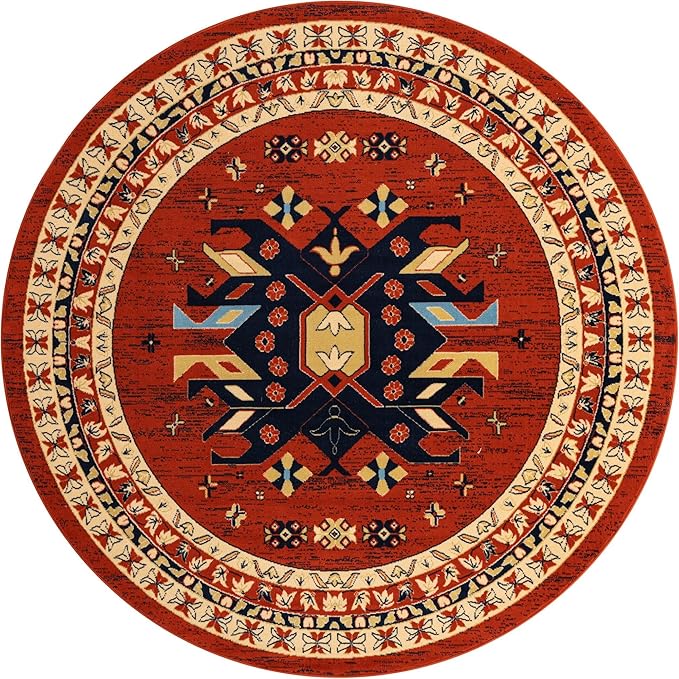 Unique Loom Taftan Collection Border Geometric Tribal Inspired Design Area Rug (8' 0 x 8' 0 Round, Terracotta/ Ivory)