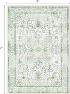5x7 Area Rugs for Living Room, Machine Washable Rug, Non Slip Vintage Rugs, Low Pile Lightweight Print Rug for Bedroom, Dining Room, Home Office, Cream Green