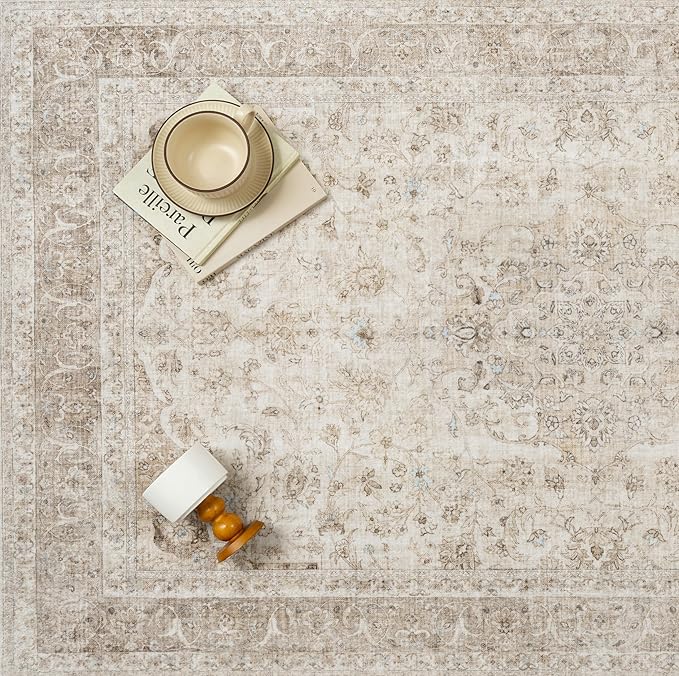 Beige Area Rug 5x7 for Living Room Washable Vintage Carpet Low Pile Non Slip Distressed Soft Traditional Retro Oriental Large Accent Throw Rug Office Kitchen Bedroom Bathroom Dining Room