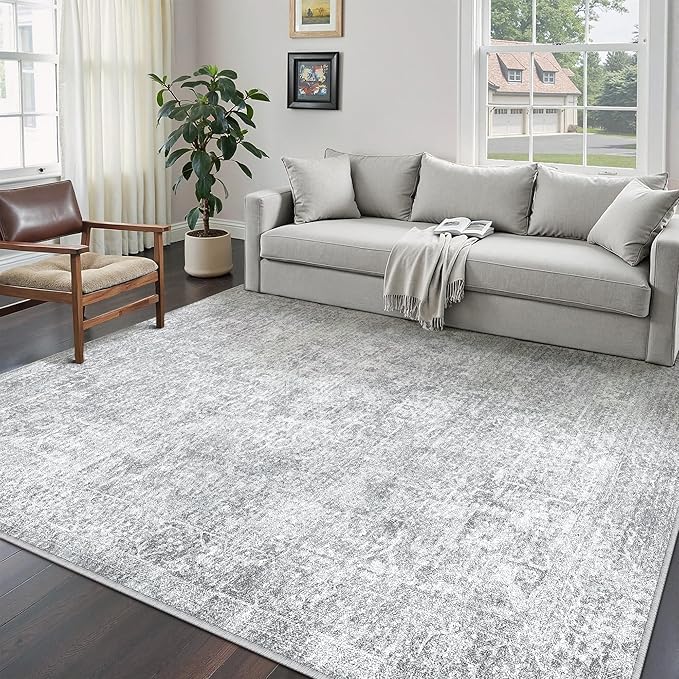6x9 Area Rug Washable Vintage Living Room Carpet Large Indoor Non Slip Grey Bedroom Distressed Low Pile Retro Accent Throw Rug for Dining Room