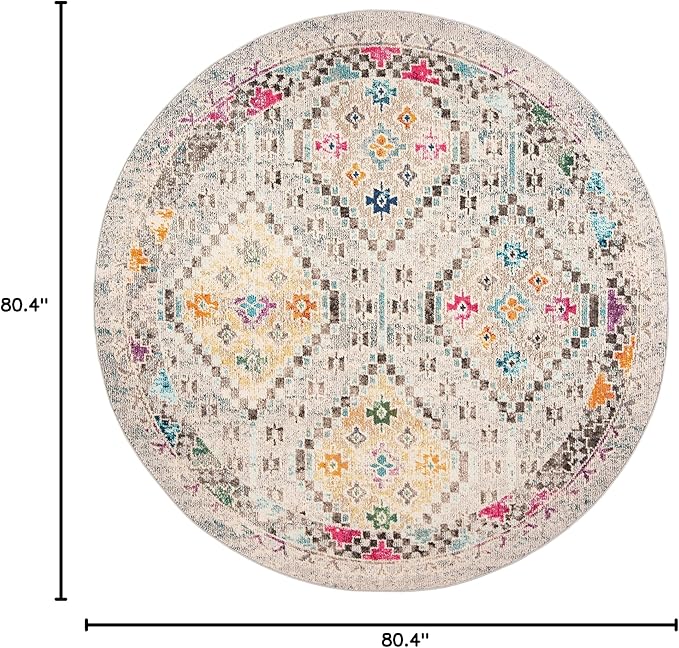 SAFAVIEH Madison Collection Area Rug - 6'7" Round, Grey & Yellow, Boho Diamond Distressed Design, Non-Shedding & Easy Care, Ideal for High Traffic Areas in Living Room, Bedroom (MAD418F)