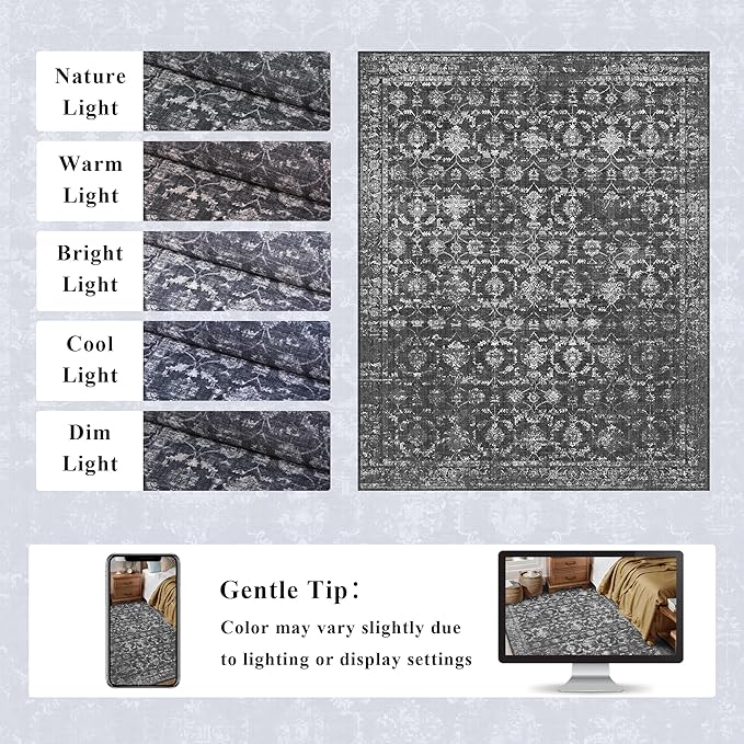 Washable Area Rug 8x10 Black Rugs for Living Room, Vintage Boho Large Rug for Bedroom Dining Room Office, Distressed Floral Print Carpet for Under Table, Soft Non Slip Low Pile Throw Carpet Indoor Mat