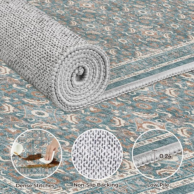 WITSHOCK Washable 2x4 Entryway Area Rug: Soft Non-Slip Backing Washable Rugs Vintage Flower Boho Accent Small Rugs for Bedroom, Kitchen, Bathroom, Nursery Entrance,Teal Blue