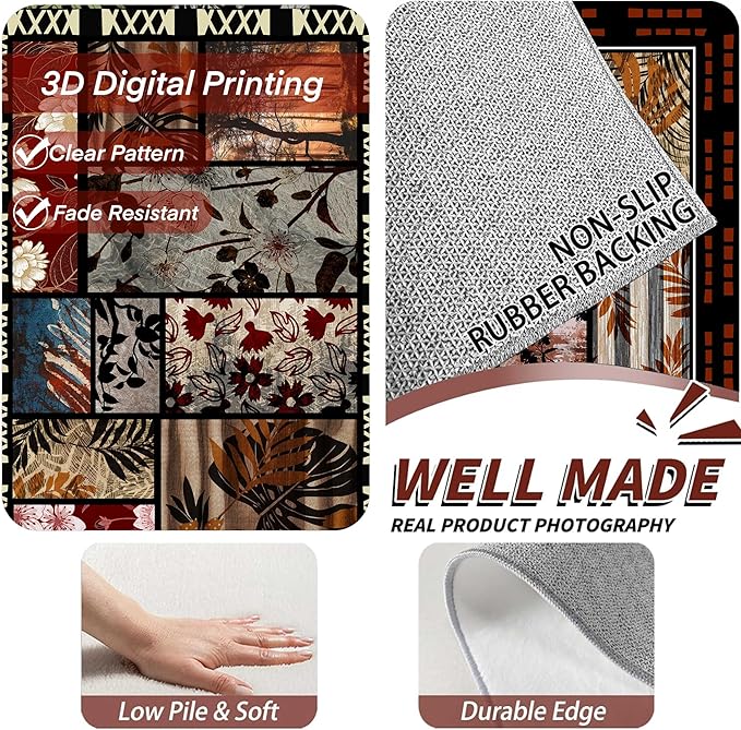 Rustic Cabin Area Rug 5x7ft, Animal & Moroccan Plaid Pattern Vintage Boho Carpet, Stain-Resistant Pet-Friendly & Non-Slip Low Pile for Living Room, Bedroom, Dining Room