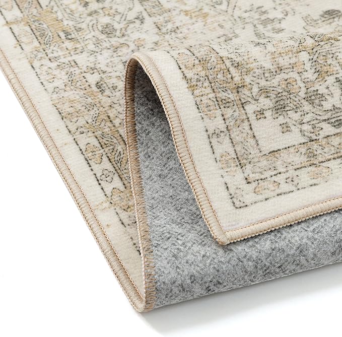 Hallway Runner Rug 2x6 Washable Beige Vintage Distressed Long Runner Oriental Soft Thin Indoor Carpet Non Slip Low Pile Throw Rug for Kitchen Bedroom Laundry Bedside Entryway