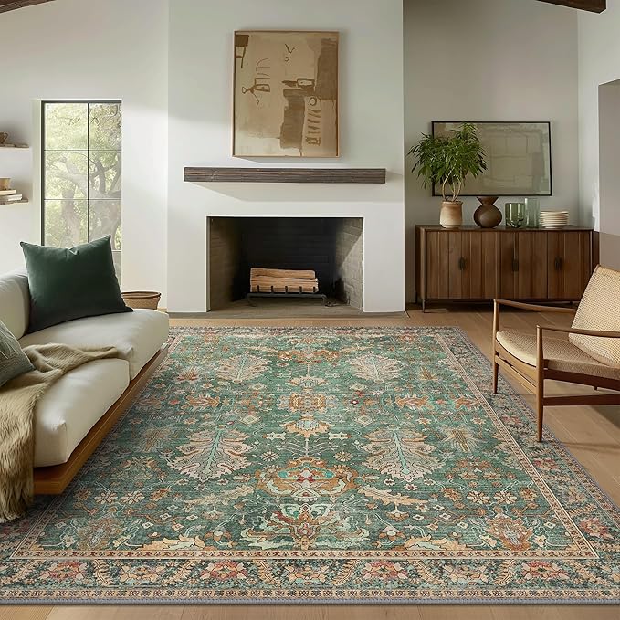 Bavni Living Room Rug, Modern Area Rugs 5x7 Non-Slip Washable, Chenille Printed Vintage Rugs for Bedroom Dinning Room Office, Sage/Gold