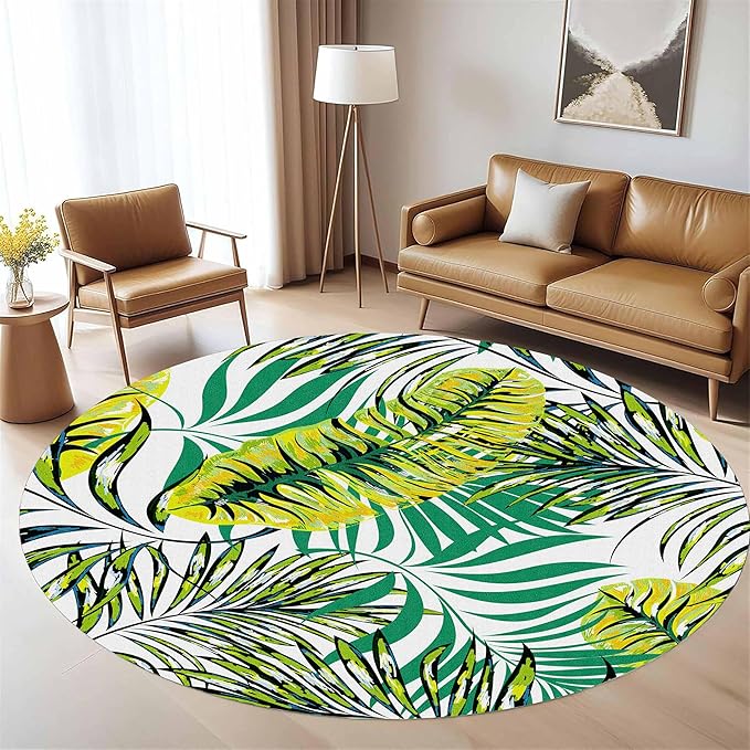 Tropical Round Rug 5ft, Watercolor Palm Leaves Pattern Low Pile Circle Carpet, Non-Slip Washable & Non-Shedding Indoor Mat for Bedroom, Entrance, Office Decor
