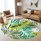 Tropical Round Rug 5ft, Watercolor Palm Leaves Pattern Low Pile Circle Carpet, Non-Slip Washable & Non-Shedding Indoor Mat for Bedroom, Entrance, Office Decor