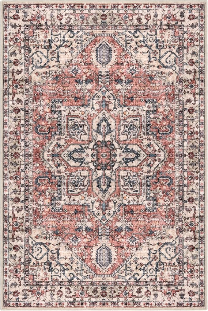 KOZYFLY Boho Area Rug 3x5 Ft Rugs for Entryway Washable Entry Rug Non Slip Door Mat Indoor Entrance Printed Faux Wool Throw Rugs for Entrance Kitchen Living Room, Terracotta/Beige