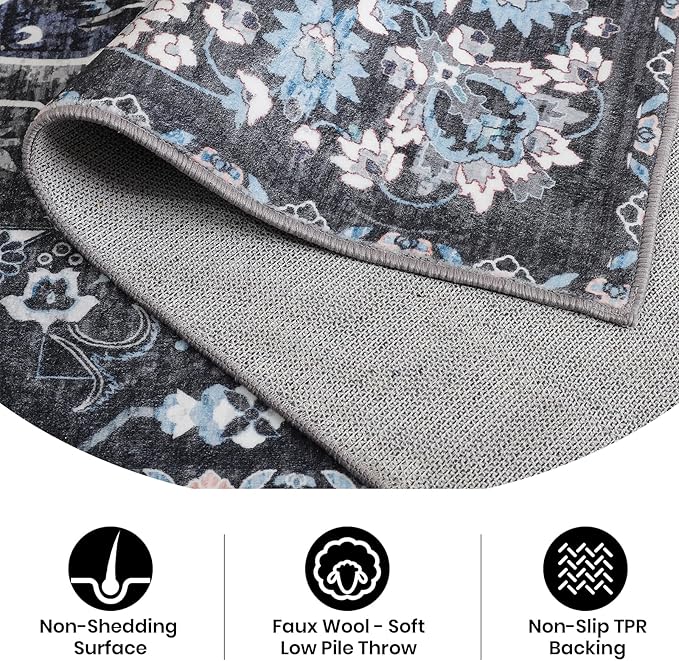 4x6 Washable Rug – Boho Non-Slip Indoor Area Rug for Living Room, Bedroom, Dining Room, Entryway – Black and Ivory with Ice Blue Accents