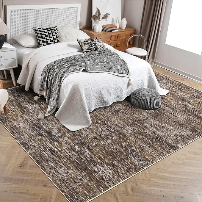 RUGSREAL Area Rug 5x7 Machine Washable Area Rug for Living Room Non-Slip Stain Resistant Modern Abstract Bedroom Rug Contemporary Solid Throw Rug Foldable Accent Floor Carpet for Dining Room, Brown