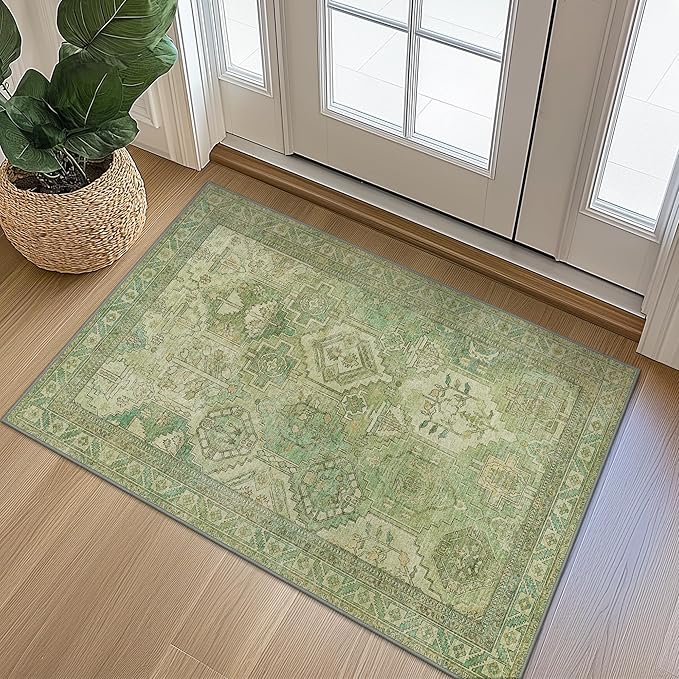 Bavni 2x3 Entryway Rug Bathroom Rugs for Front Door Bedroom Bathroom Kitchen, Washable Vintage Print Carpet, Ultra-Thin Chenille Lightweight Rug with Non Slip Backing, Light Green