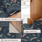 8x10 Large Farmhouse Rugs for Living Room - Unique Washable Area Rug for Bedroom, Dining Room Under Table, Boho & Insect Design, Vintage Moth Décor, Low Pile Soft Carpet (Dark Blue)