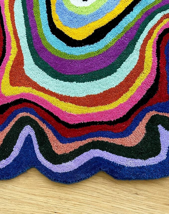 Irregular Shaped Handmade Wool Rug | Modern Colourful Stripe Premium Area Rug Perfect for Home Decor (Multi B, 4x4 ft)