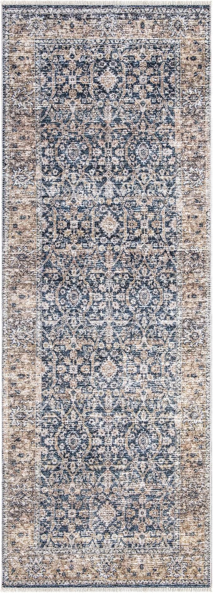 Bloom Rugs Caria Washable Non-Slip 12 ft Runner - Dark Blue/Tan Traditional Runner for Entryway, Hallway, Bathroom, and Kitchen - Exact Size: 2'6" x 12'