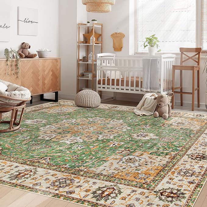 Area Rug 5x7 Washable Rug, Vintage Boho Medallion Rugs Non-Slip Soft Low Pile Large Distressed Rug Indoor Retro Carpet for Living Room Bedroom Dining Room Home Office (Vintage Green, 5'x7')