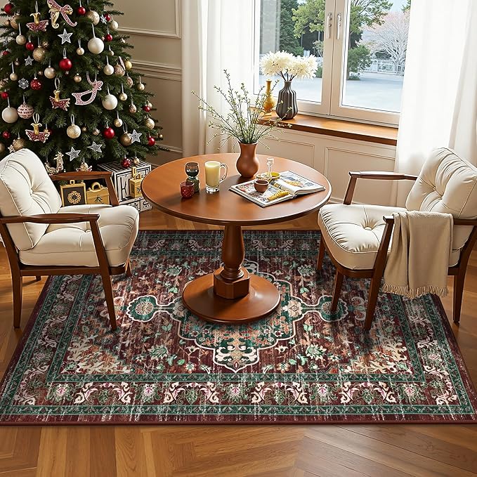 U'Artlines Boho Vintage Area Rug 3x5 Machine Washable Low Pile Ultra-Thin Soft Floor Carpet Non Slip Non Shedding Accent Rug for Living Room Bedroom Entryway Dining Room Office Rust＆Teal