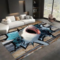 Sea Shark Kids Rugs, 5x7ft, Fierce Shark 3D Printed Carpet for Indoor, Marine Animals Broken Wooden Boards Realistic Effect Floor Mat, Dirty Resistant Machine Washable Carpets for Dorm