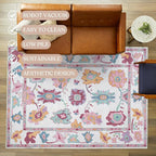 Fame Living Pink Oushak Rug, Modern, Vintage, Turkish, Eclectic, Floral, Pastel, Washable, Extra Large Area Rugs for Living Room, Dining, Bedroom, Lounge, 9'x12'