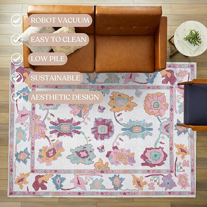 Fame Living Pink Oushak Rug, Modern, Vintage, Turkish, Eclectic, Floral, Pastel, Washable, Large Area Rugs for Living Room, Dining, Bedroom, Girls, Boys, 7'5"x9'8"