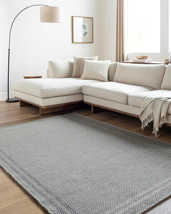 Mark&Day Wool Rugs, 2x8 Janmichael Solid and Border Gray/Black Runner Area Rug, Grey Ivory Black Carpet for Hallway, Kitchen, Bedroom or Living Room (2'6" x 8' Runner)