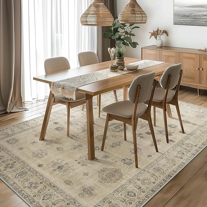 GENIMO 5x7 Area Rugs for Living Room, Machine Washable Non Slip Vintage Retro Rugs, Low Pile Lightweight Chenille Print Rug for Bedroom, Dining Room, Home Office, Sage