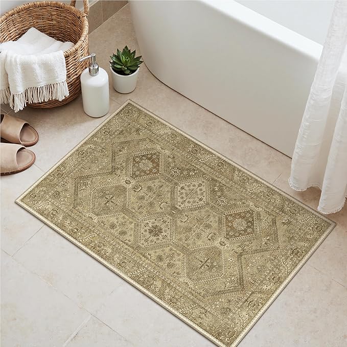 Bavni Clearance 2x3 Rugs for Entryway Indoor, Machine Washable Area Rug Non Slip, Vintage Distressed Throw Rugs, Ultra-Thin Small Entry Carpet, Low Pile Door Mat for Entrance, Bedroom, Bathroom, Brown