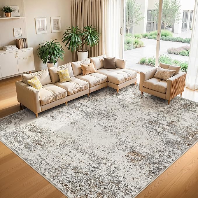 10x14 Washable Area Rugs - Modern Abstract Large Rugs for Living Room Non-Slip Low Pile Soft Machine Washable Carpet for Bedroom, Under Dining Table, Nursery, Farmhouse (10'x14' Brown Grey)