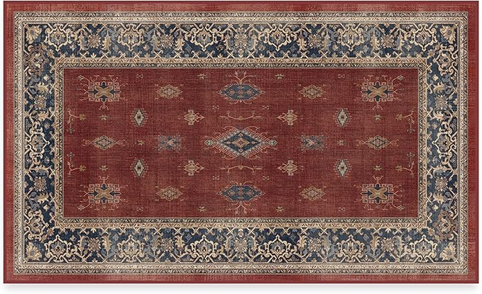 RUGGABLE Washable Vintage Area Rug – Verena Amber Red 3x5, Stain-Resistant, Non-Slip – Small Machine Washable Rugs for Living Room, Bedroom, Hallway, Entryway & Office–with Cushioned Pad