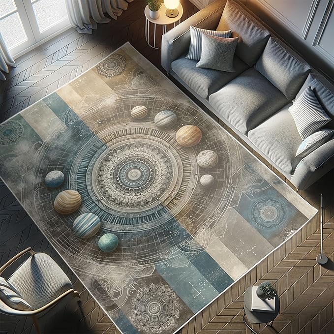 Ambesonne Space Boho Decorative Rug, Modern Interpretation of Outer Galaxy Art Planets and Trippy Mandalas, Quality Carpet for Bedroom Dorm and Living Room, 2' 5" x 5', Sea Blue Eggshell Tan