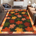 Fall Themed Area Carpet, 3x5ft, Autumn Fallen Leaves Print Pattern Retro Rustic Style Dark Stain Resistant Throw Rug, Low-Profile Non Slip Breathable Floor Mat for Dining Room Laundry