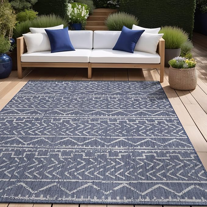 Beverly Rug Waikiki Indoor Outdoor Rug 6x9, Washable Outside Carpet for Patio, Deck, Porch, Trellis Area Rug, Water Resistant, Blue - White