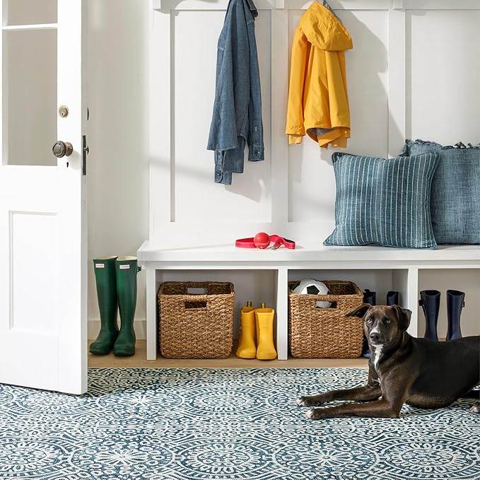 Dash and Albert Temple Ink Machine Washable Area Rug - 6' x 9' Blue - Geometric Accent Rug - Anti-Slip Backing, Lightweight, Machine Washable, High Traffic Areas Kitchen, Mudroom, Laundry Room