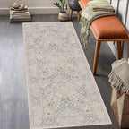2x6 Floral Washable Area Rugs for Living Room, Vintage Boho Large Rug for Bedroom Dining Room， Distressed Botanical Birds Non Slip Low Pile Forest Animal Throw Carpet for Farmhouse Office, Beige Blue