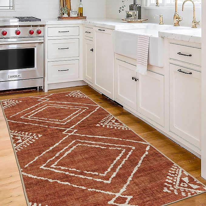 ReaLife Rugs Machine Washable Area Rug Runner - Living Room Bedroom Bathroom Kitchen Entryway Office - Padded Low Pile Stain Resistant Premium - Moroccan Diamond Tribal - Jax - Orange 2'6" x 6'