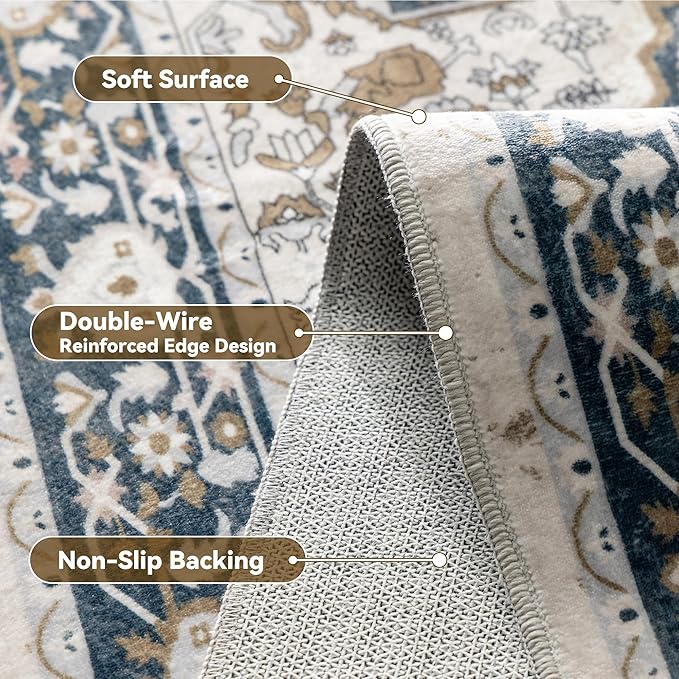 EnHomee 4x6 Washable Area Rugs for Bedroom, Boho Vintage Rugs, Foldable Area Rug for Dining Room, Non-Slip Soft Living Room Rug, Low Pile Large Carpet for Bathroom, Blue and Brown