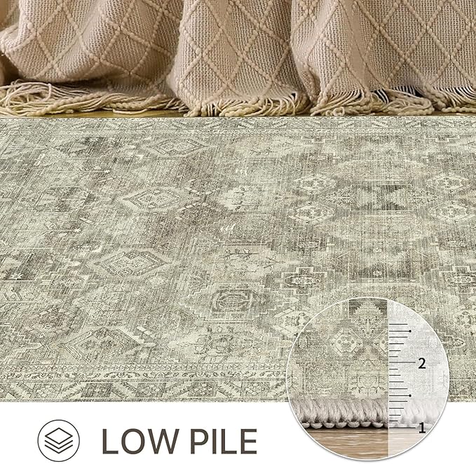 Bavni Runner Rug 2x10, Low Pile Machine Washable Rugs for Hallways, Kitchen, Bedroom, Non Slip Aesthetic Vintage Distressed Print Lightweight Durable Chenille 2x10 Mat, Forgotten Sandstone