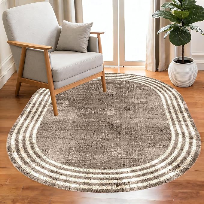 Country Earth Tone Brown Minimalist Distressed Home Office Rugs 3x5 for Living Room Bedroom Diningrooom Machine Washable Soft Thick Area Rug Nursery Dorm Kitchen Oval Geometric Bordered Large Carpet