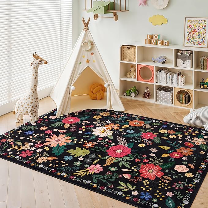 Living Room Rug 6x9 Rug Machine Washable Boho Area Rug Non Slip Floral Vintage Low Pile Large Rugs for Living Room, Bedroom, Farmhouse, Dining Room (Black)