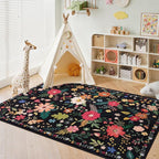 Living Room Rug 8x10 Rug Machine Washable Boho Area Rug Non Slip Floral Vintage Low Pile Large Rugs for Living Room, Bedroom, Farmhouse, Dining Room (Black)