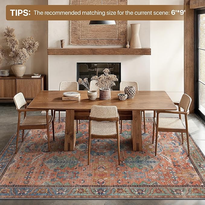 Bavni Washable Rug-6x9 Area Rugs for Bedroom Non-Slip, Ultra Thin Low Pile Living Room Rug, Modern Printed Decorative Rug for Dinning Room Office, Terracotta/Blue